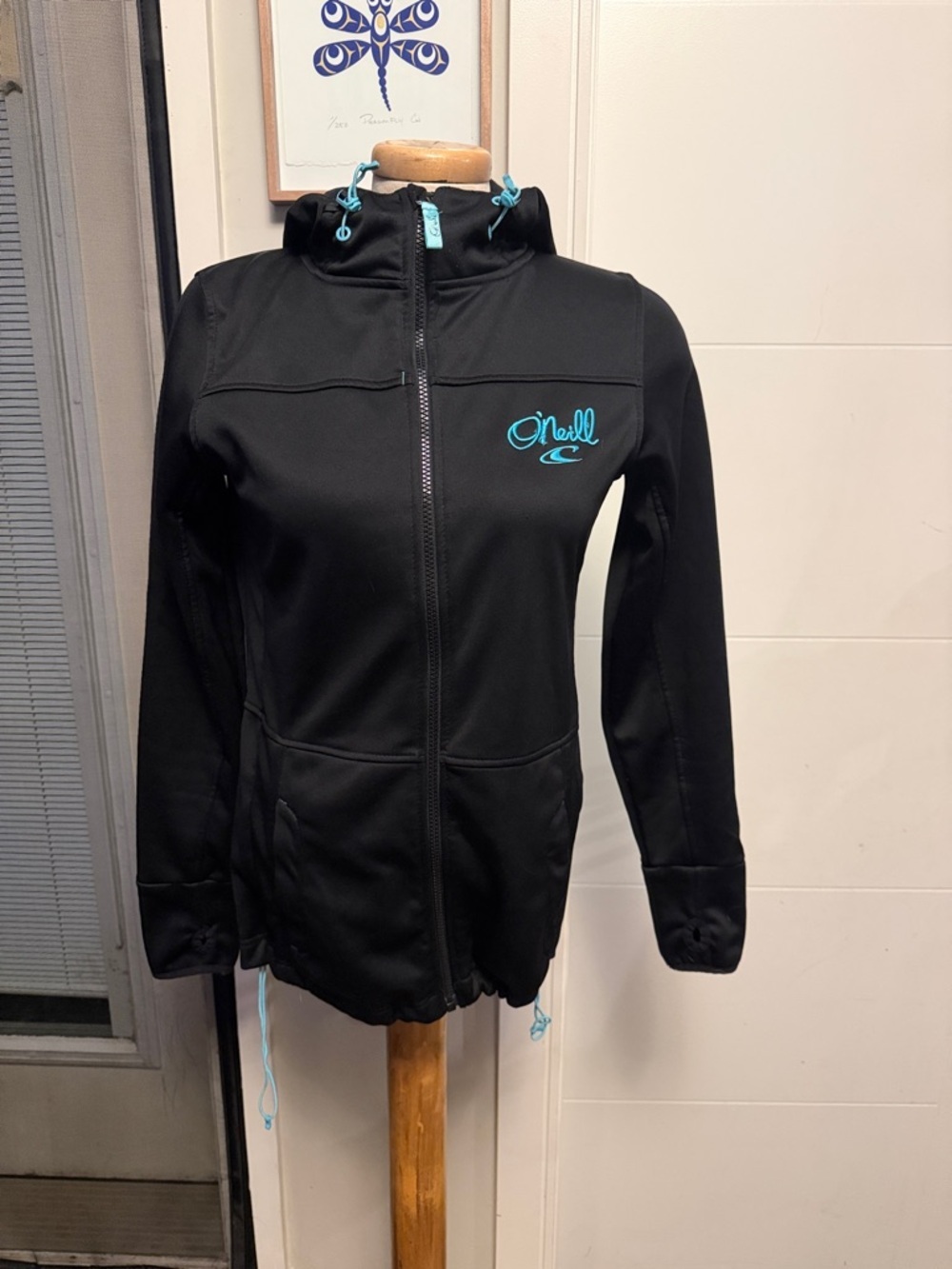 Vintage O'Neill Black Soft-shell Zip Hoodie jacket with Teal Accents